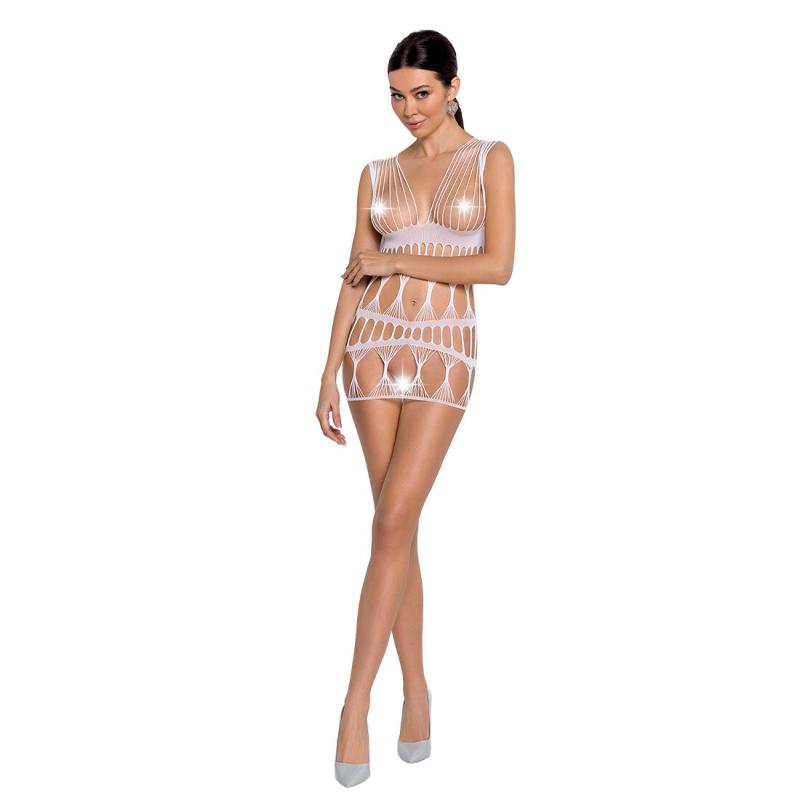 SO6387 Бодістокінг-сукня Passion BS089 white, міні, плетіння у вигляді павутини