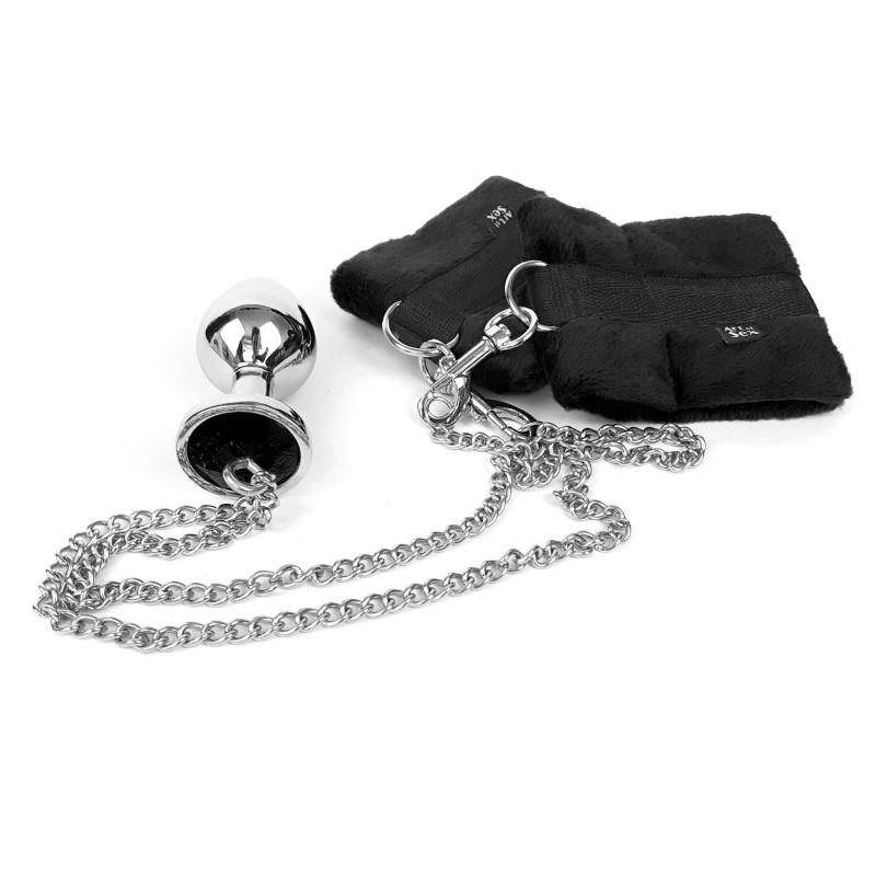 SO6235 Наручники с металлической анальной пробкой Art of Sex Handcuffs with Metal Anal Plug  size M Black