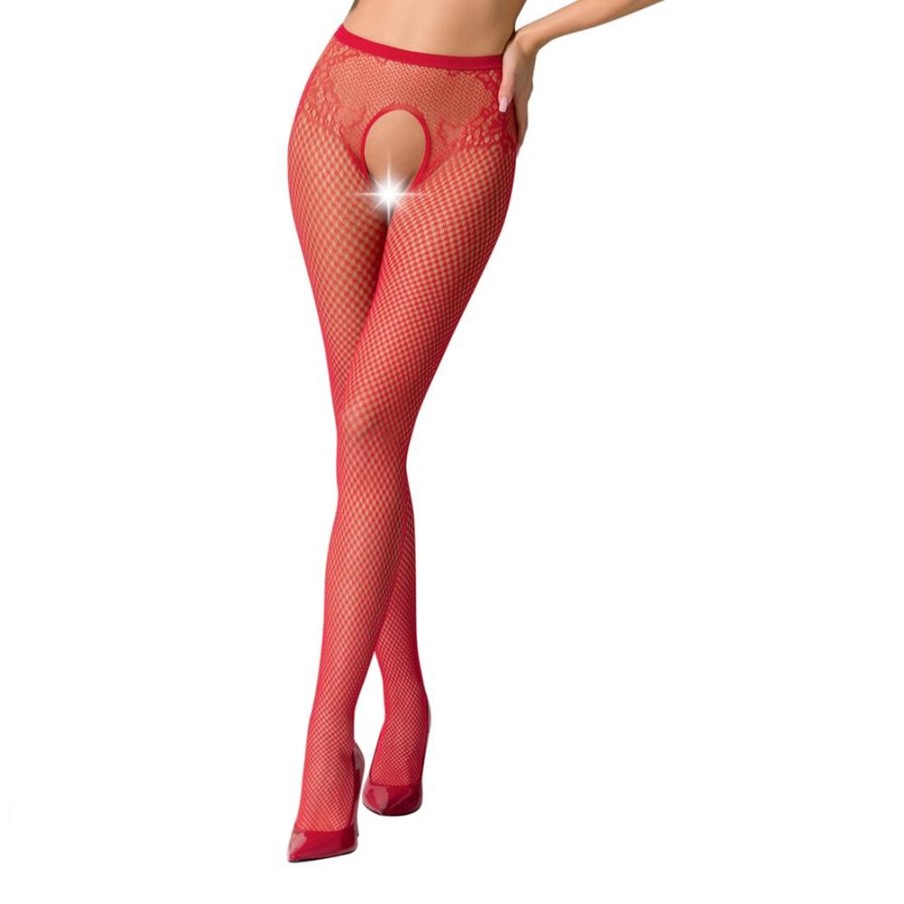 PSS019R Эротические колготки-бодистокинг Passion S019 red, имитация трусиков ажурных с доступом, в сеточку