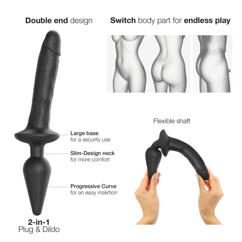 SO6828 Анальна пробка з дилдо 2в1 Strap-On-Me SWITCH PLUG-IN REALISTIC DILDO Black L, діаметр 4,5/3,4 см