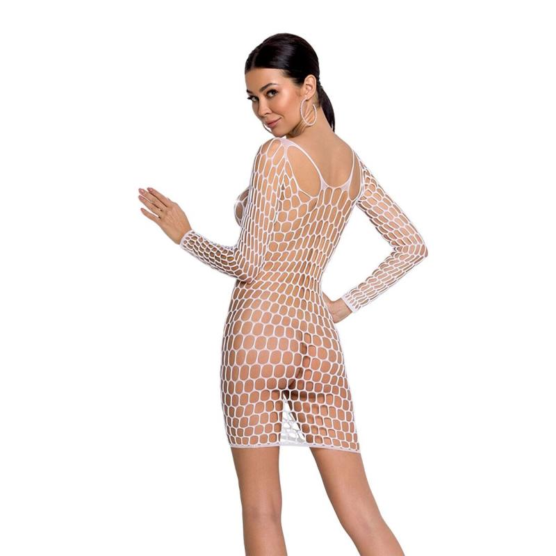 SO6399 Бодістокінг-сукня з глибоким коміром Passion BS093 white, довгі рукави