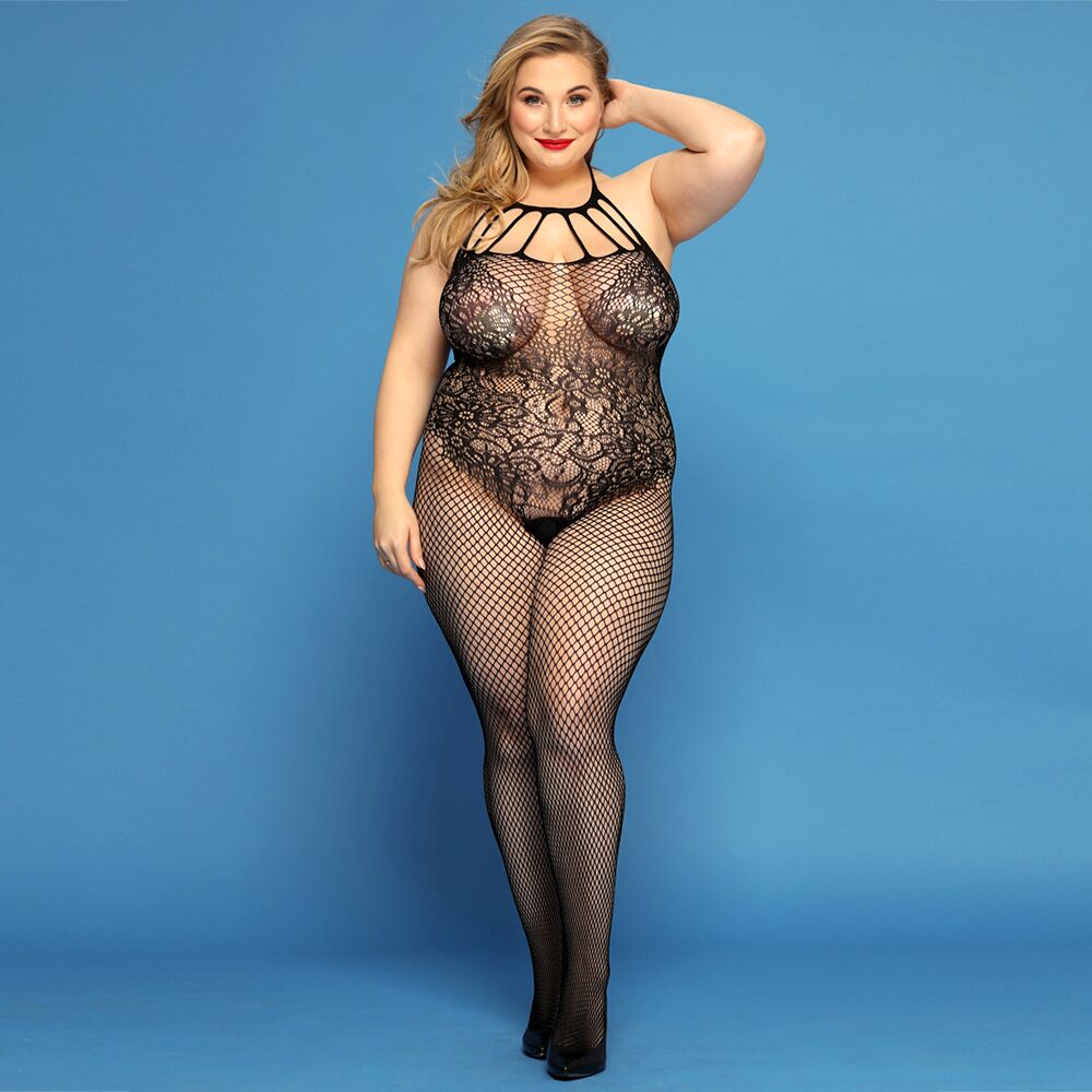 SO8389 Сітчастий бодістокінг JSY «Відверта Мадлен» Plus Size, Black, імітація боді, мереживо, доступ
