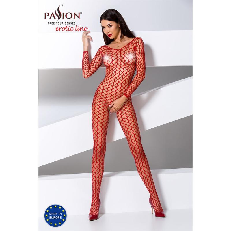 PBS068R Бодістокінг Passion BS068 red, комбінезон, велика сітка, довгий рукав