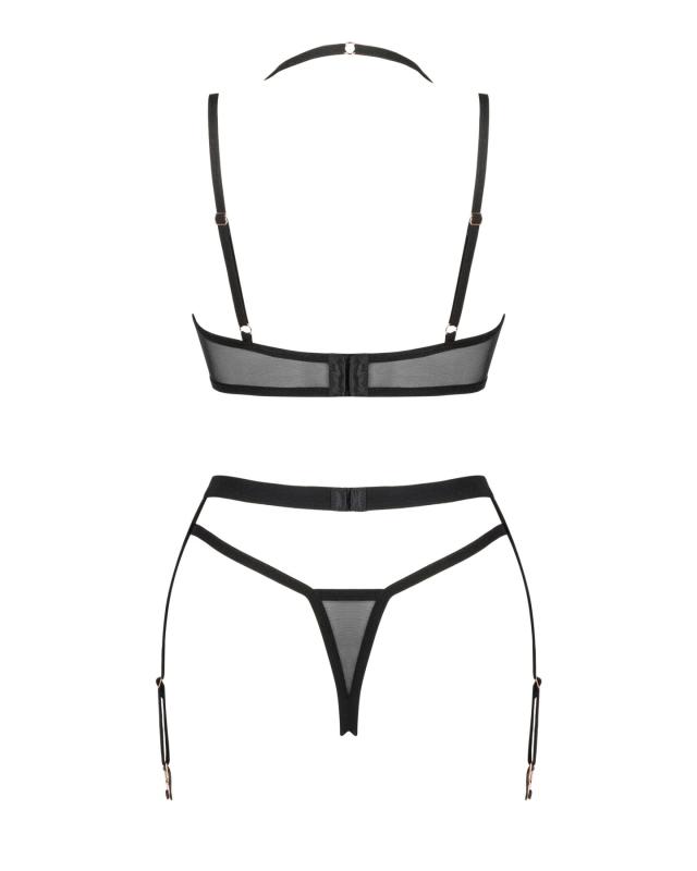 SO8667 Комплект білизни Obsessive Selinne 3-pcs set XS/S Black, бюстгальтер, стрінги пояс для панчіх