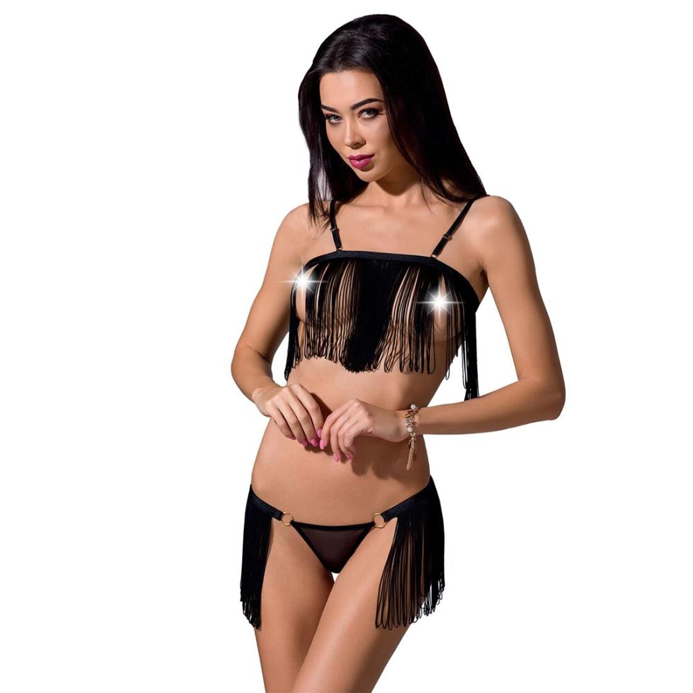 PS26303 Комплект білизни KASSANDRA SET OpenBra black XXL/3XL - Passion Exclusive: ліф з бахроми, трусики-спі