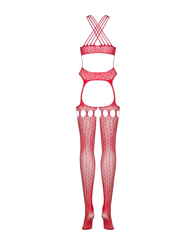 SO7238 Бодістокінг Obsessive Bodystocking G313 S/M/L red, шнурівка, геометричний декор