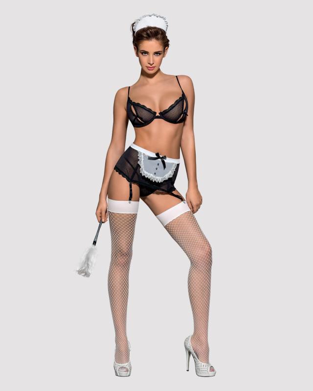 SO7290 Эротический костюм горничной Obsessive Maidme set 5pcs S/M, бюстгальтер, пояс с фартуком, чулки, стр