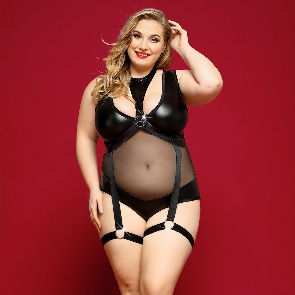 SO8379 Элегантное боди из экокожи JSY «Соблазнительная Морган» Plus Size, Black, сетка, портупея с гартерам
