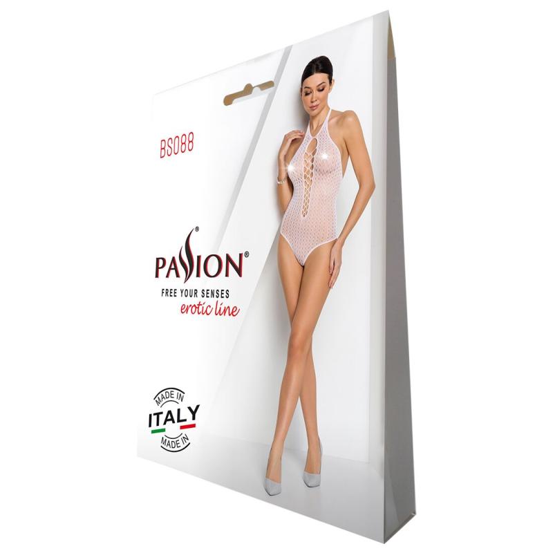 SO6384 Бодістокінг з декольте Passion BS088 white, імітація корсетної шнурівки