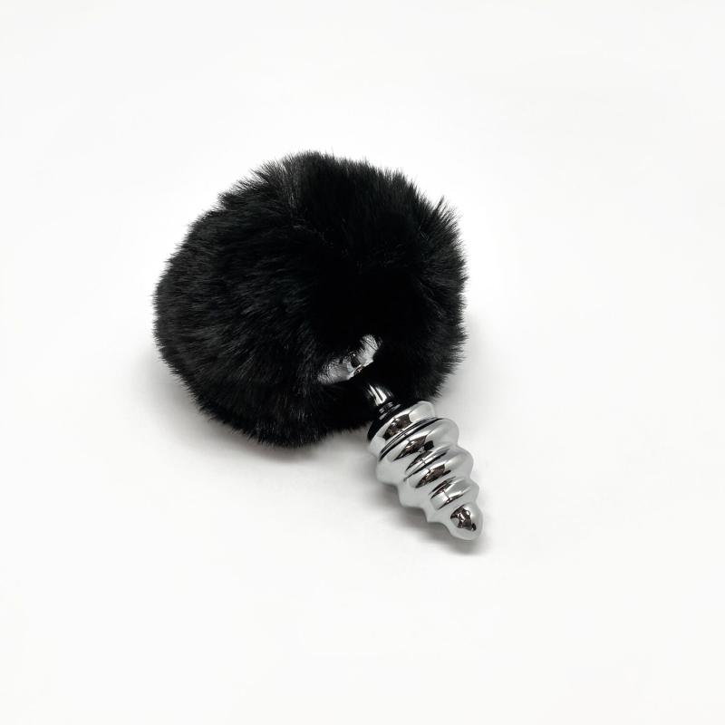 SO6307 Металева анальна пробка Кролячий хвостик Alive Fluffy Twist Plug S Black, діаметр 2,9 см