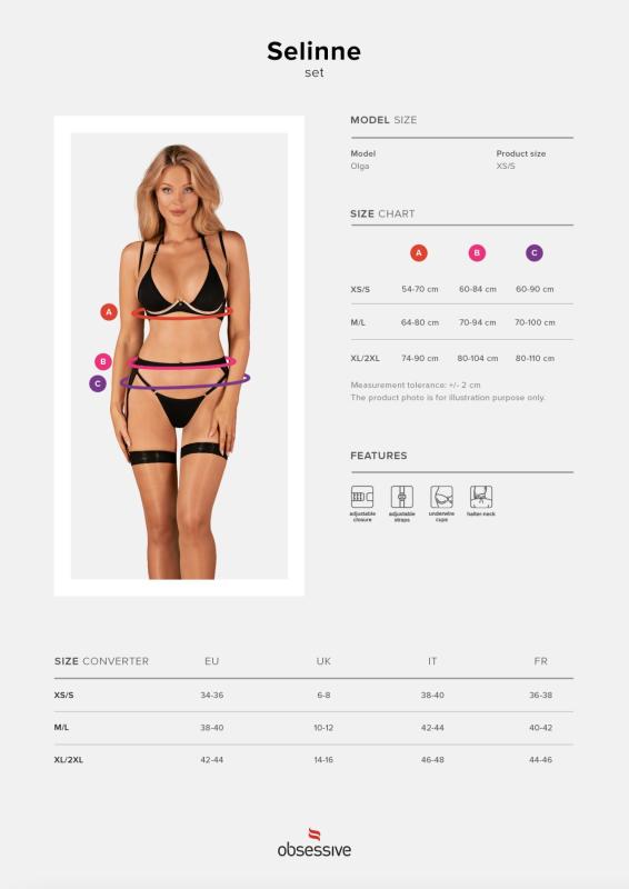 SO8667 Комплект білизни Obsessive Selinne 3-pcs set XS/S Black, бюстгальтер, стрінги пояс для панчіх