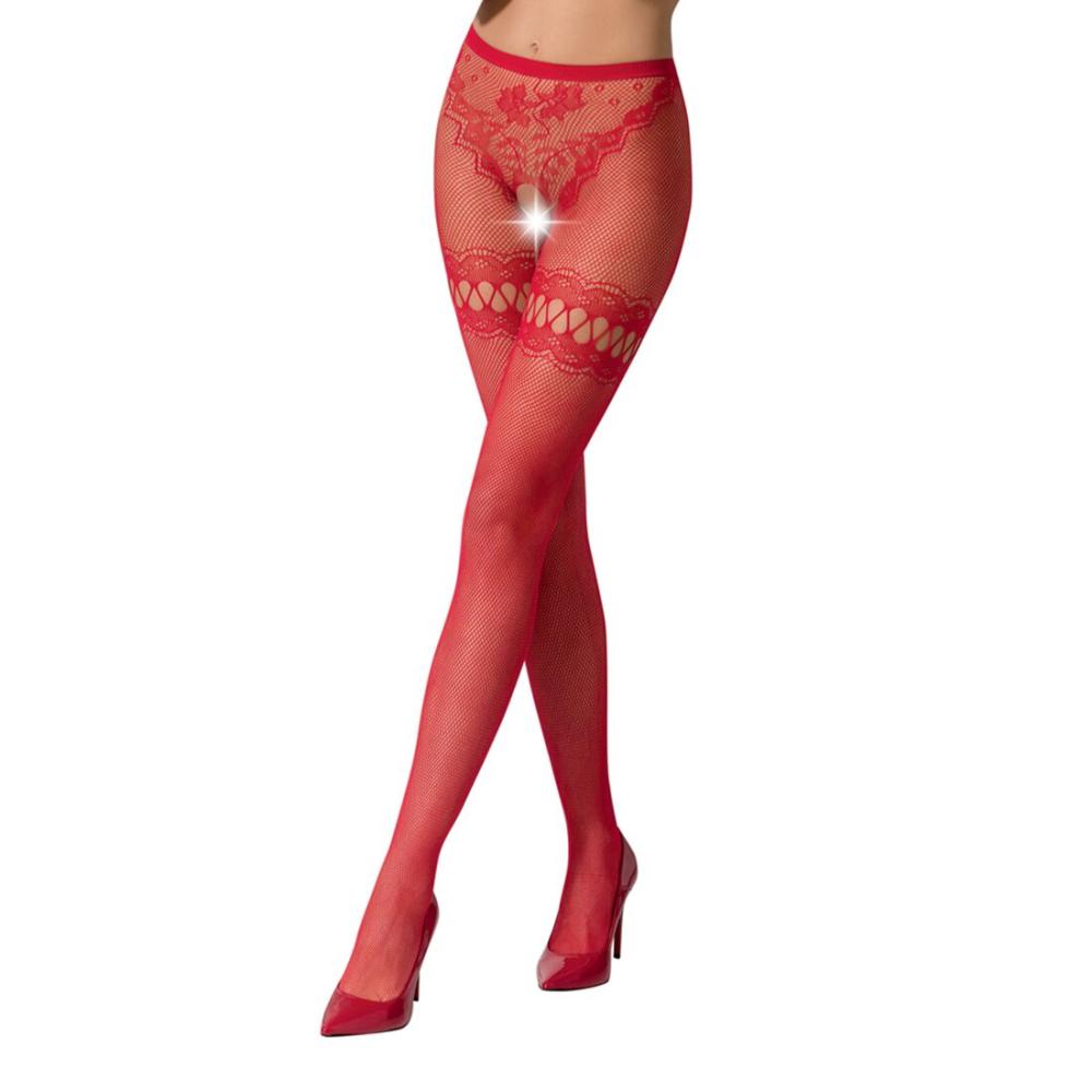 PSS015R Еротичні колготки-бодістокінг Passion S015 red, імітація панчох у сіточку та трусиків з доступом