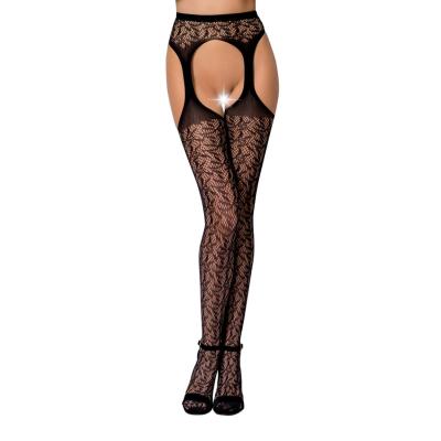 Еротичні колготки-бодістокінг Passion S014 black, імітація панчох у сіточку та пояси