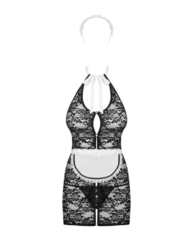 SO7878 Еротичний костюм покоївки Obsessive Servgirl costume S/M, халат, стрінги, фартух, обруч