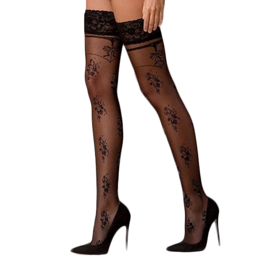 SO5779 Панчохи Passion ST119 1/2 чорні, на ажурній силіконовій резинці, з квітковим декором та люрексовою н