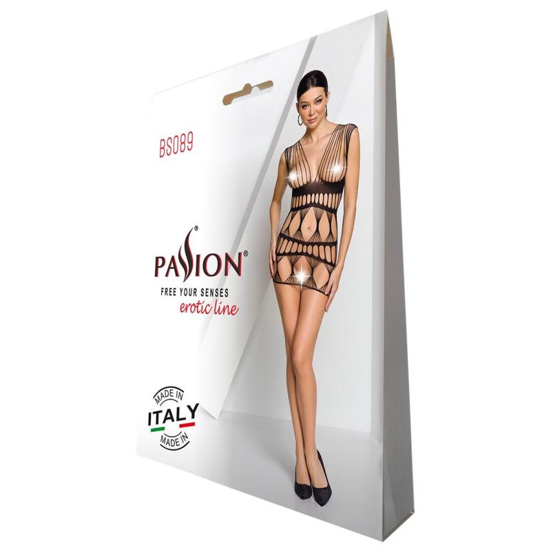 SO6385 Бодістокінг-сукня Passion BS089 black, міні, плетіння у вигляді павутини