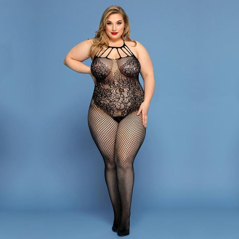 SO8389 Сітчастий бодістокінг JSY «Відверта Мадлен» Plus Size, Black, імітація боді, мереживо, доступ