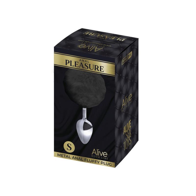 SO6312 Металева анальна пробка Кролячий хвостик Alive Fluffy Plug S Black, діаметр 2,8 см
