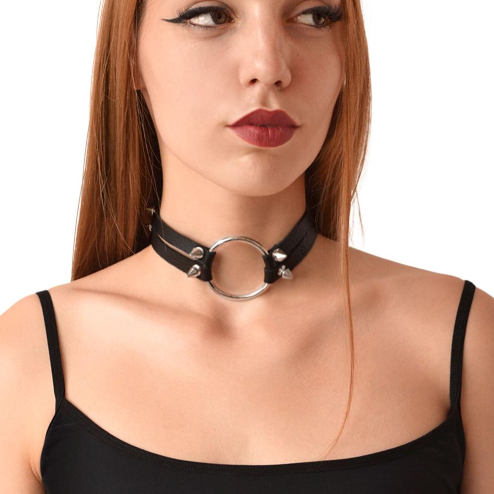 SO6700 Чокер с металлическим кольцом и шипами из натуральной кожи Art of Sex - Ruby, цвет Черный