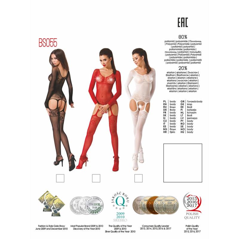 PBS055B Бодистокинг Passion BS055 black, комбинезон, имитация чулок и пояса, длинный рукав, закрытое плечо