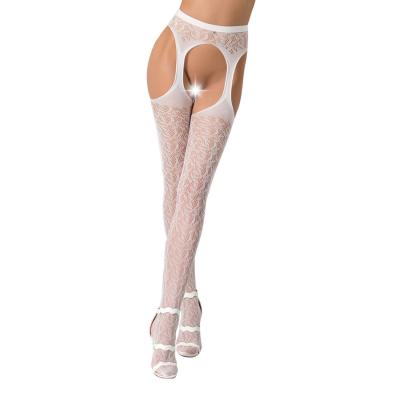 Еротичні колготки-бодістокінг Passion S014 white, імітація панчох у сіточку та пояси