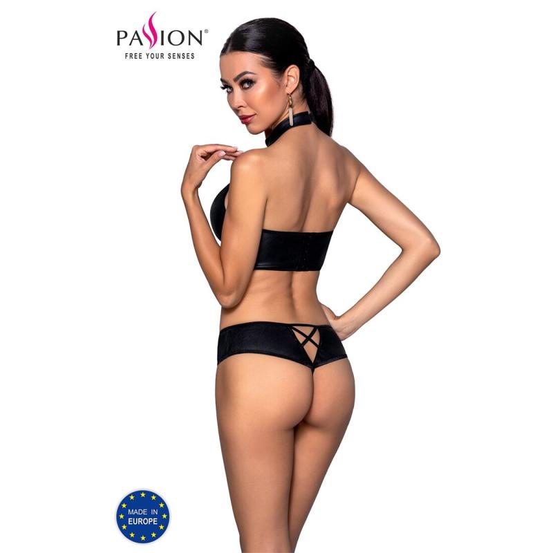 SO5367 Комплект з еко-шкіри Nancy Bikini black L/XL - Passion, бра та трусики з імітацією шнурівки
