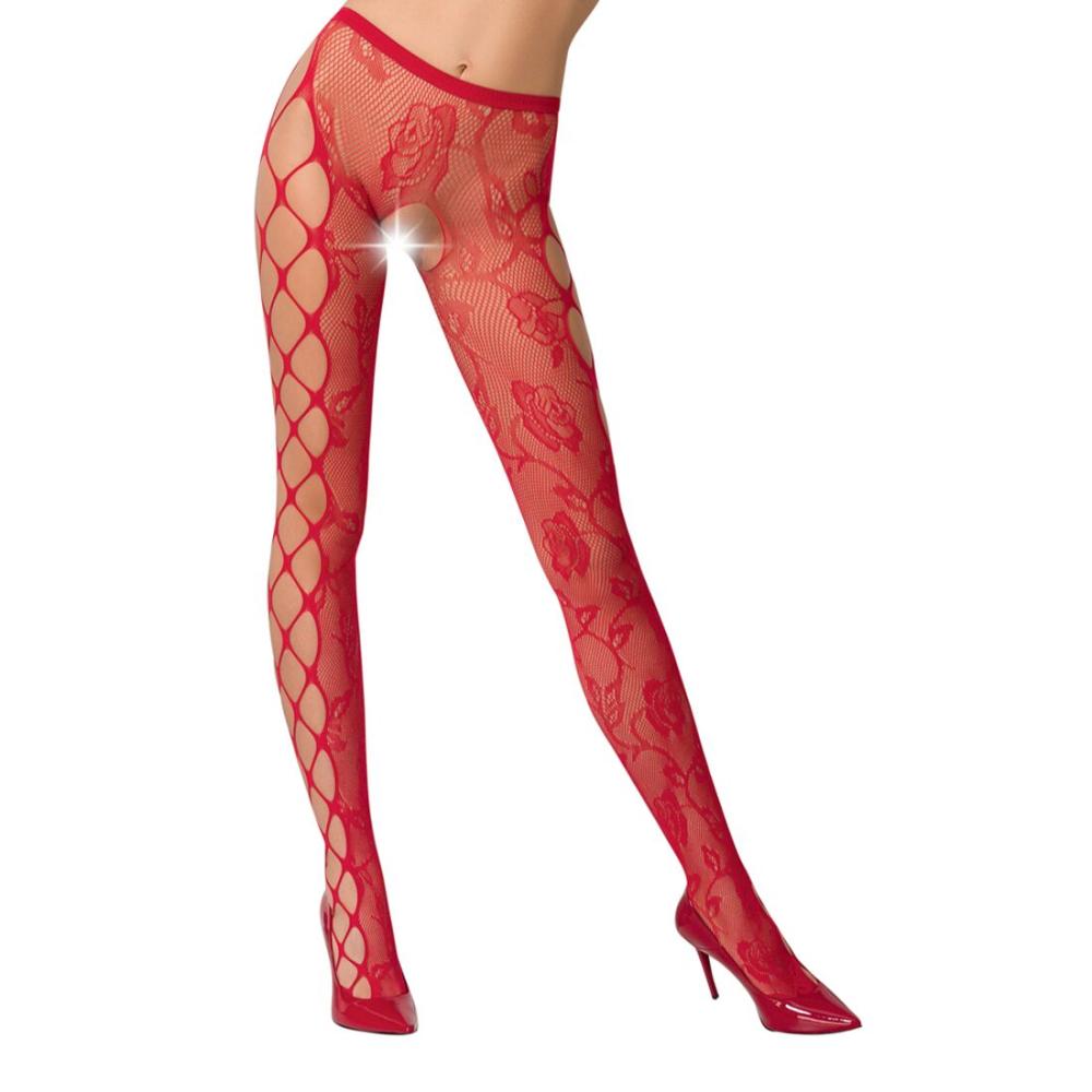 PSS008R Еротичні колготки-бодістокінг Passion S008 red, ажурні колготки з вирізом та лампасами-сіткою