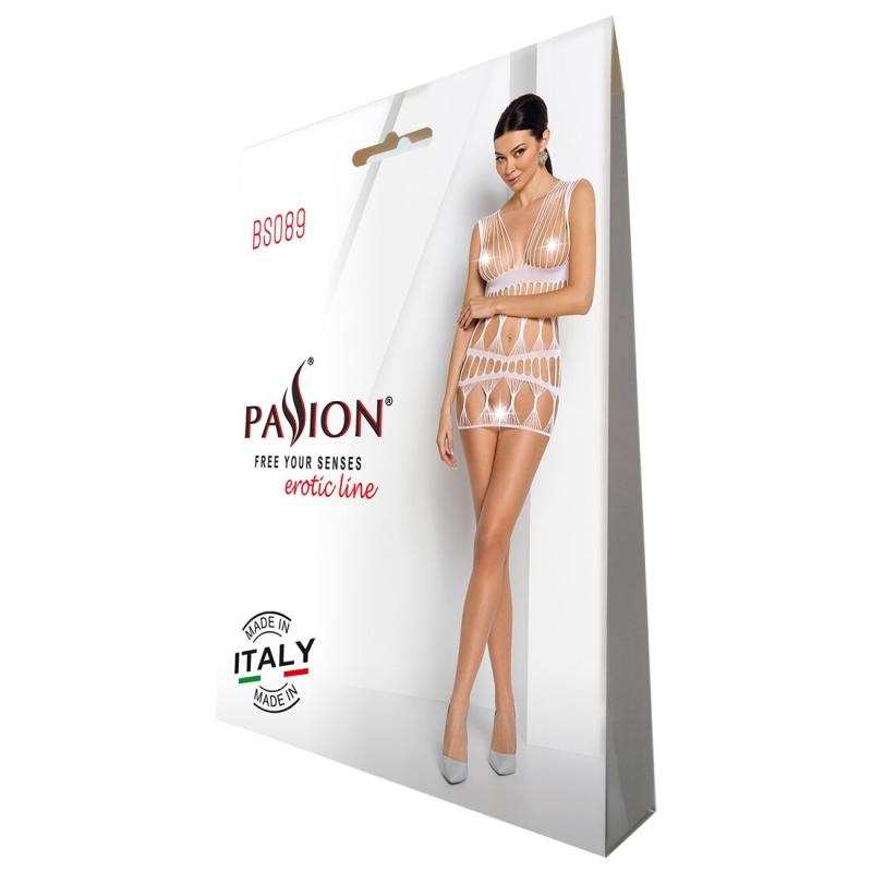 SO6387 Бодістокінг-сукня Passion BS089 white, міні, плетіння у вигляді павутини