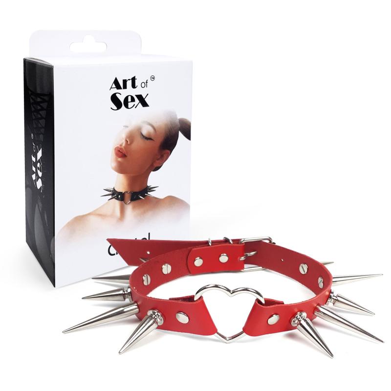 SO7012 Чокер серце з великими шипами, із натуральної шкіри Art of Sex - Crystal, колір Червоний