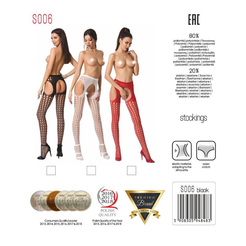 PSS006W Еротичні колготки-бодістокінг Passion S006 white, імітація панчіх у велику сітку та пояса