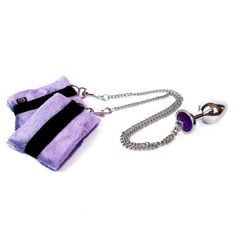 SO6183 Наручники з металевою анальною пробкою Art of Sex Handcuffs with Metal Anal Plug size M Purple