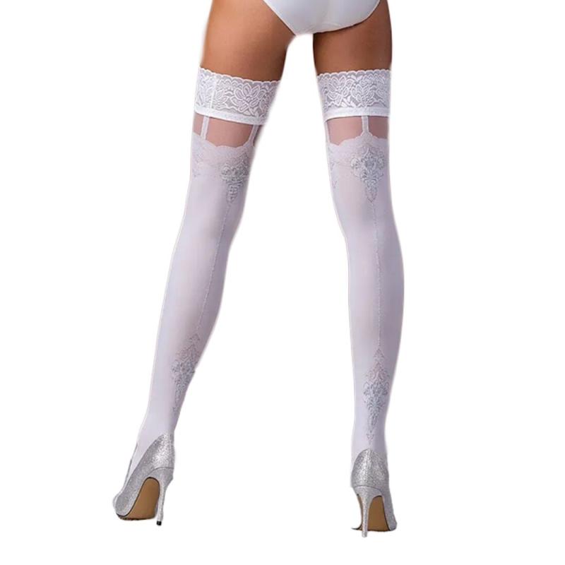 SO5791 Панчохи Passion ST121 1/2 білі, на ажурній силіконовій резинці, з квітковим орнаментом та вертикальн
