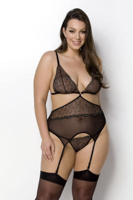 Корсет із пажами Passion Amberly Corset 6XL/7XL black, асиметричний крій, мережива, стрінги