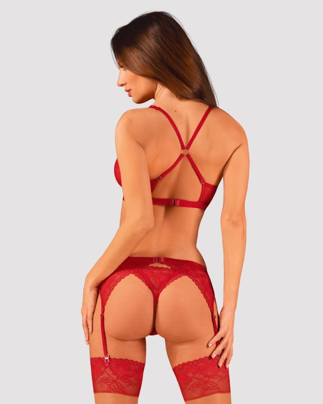 SO8657 Комплект білизни Obsessive Lacelove cupless 3-pcs set XL/2XL Red, бюстгальтер, стрінги, пояс для пан