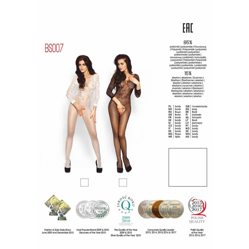 PBS007W Бодістокінг Passion BS007 white, комбінезон, закриті плечі, рукав 3/4