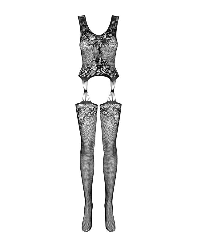 SO7228 Бодістокінг Obsessive Bodystocking F221 S/M/L, силуетний малюнок з квітковими мотивами, імітація пан
