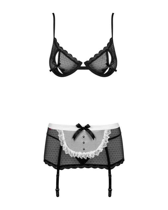 SO7290 Эротический костюм горничной Obsessive Maidme set 5pcs S/M, бюстгальтер, пояс с фартуком, чулки, стр