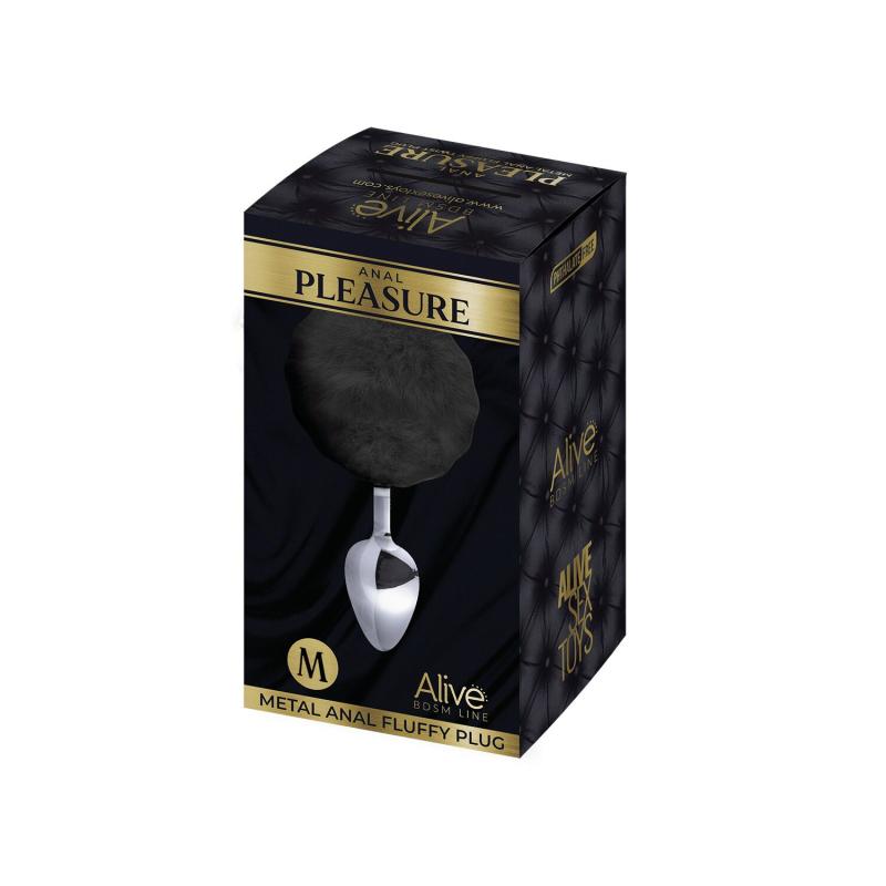 SO6315 Металева анальна пробка Кролячий хвостик Alive Fluffy Plug M Black, діаметр 3,4 см