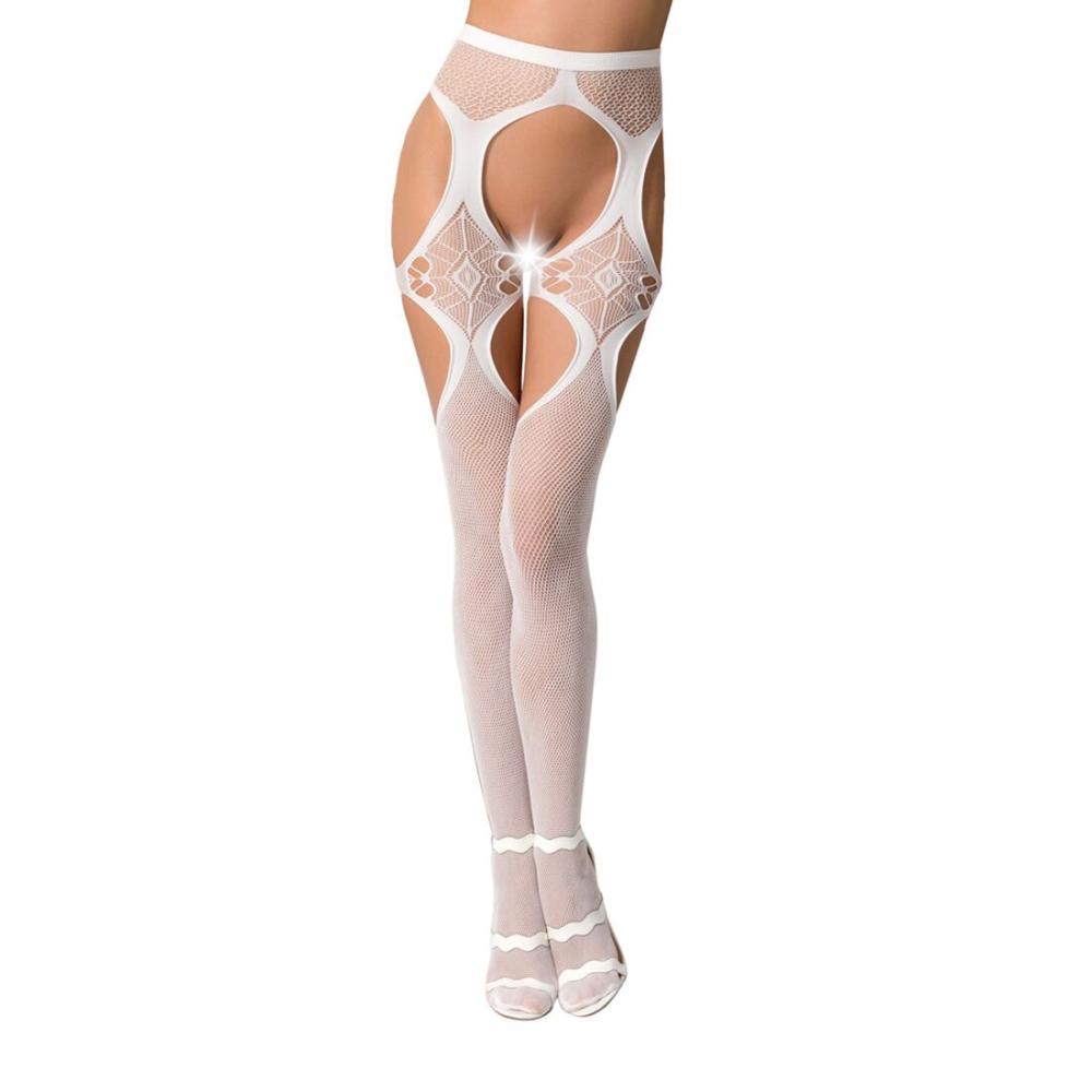 PSS023W Еротичні колготки-бодістокінг Passion S023 white, імітація панчох із сексі ромбами та пояском