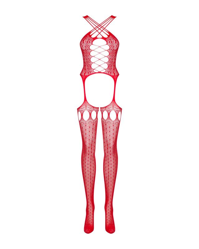 SO7238 Бодістокінг Obsessive Bodystocking G313 S/M/L red, шнурівка, геометричний декор
