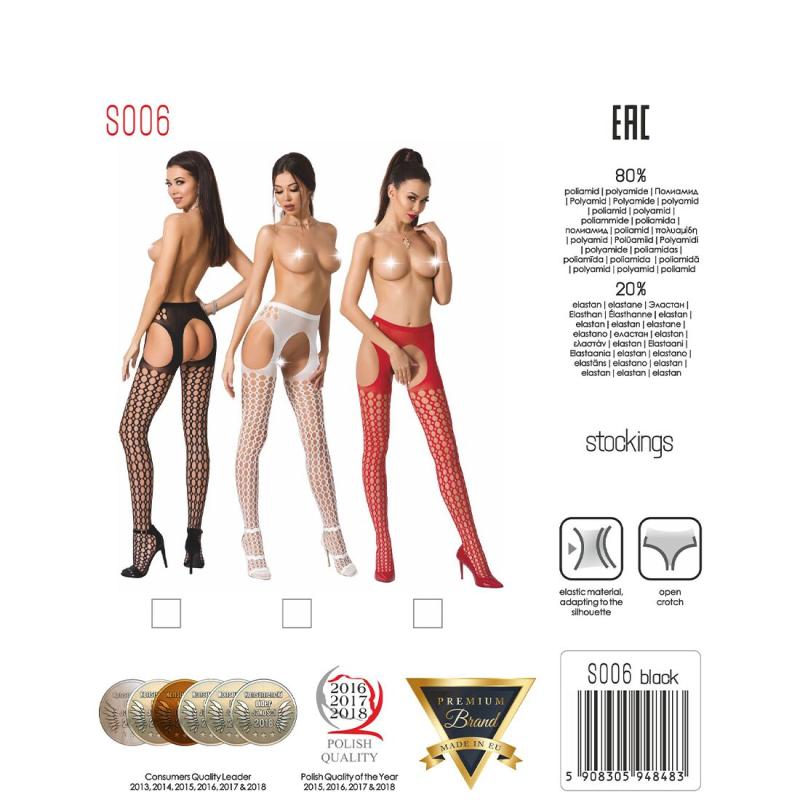 PSS006B Эротические колготки-бодистокинг Passion S006 black, имитация чулок в крупную сетку и пояса
