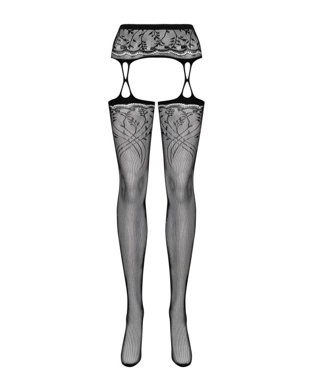 SO7265 Панчохи-стокінги з рослинним малюнком Obsessive Garter stockings S206 black S/M/L чорні, імітація га
