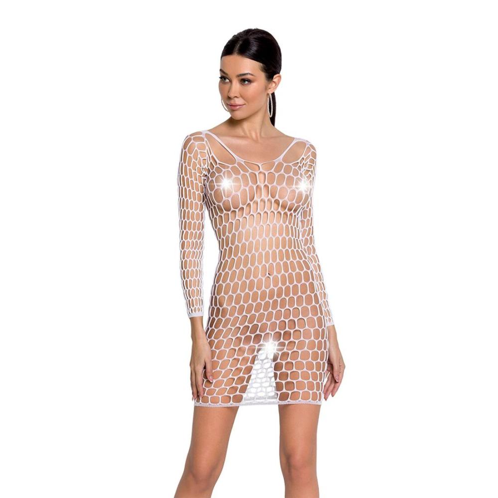 SO6399 Бодістокінг-сукня з глибоким коміром Passion BS093 white, довгі рукави