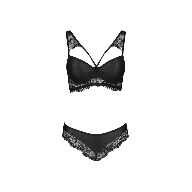 SO5362 Комплект из эко-кожи с кружевом Loona Set black S/M - Passion, бра и трусики