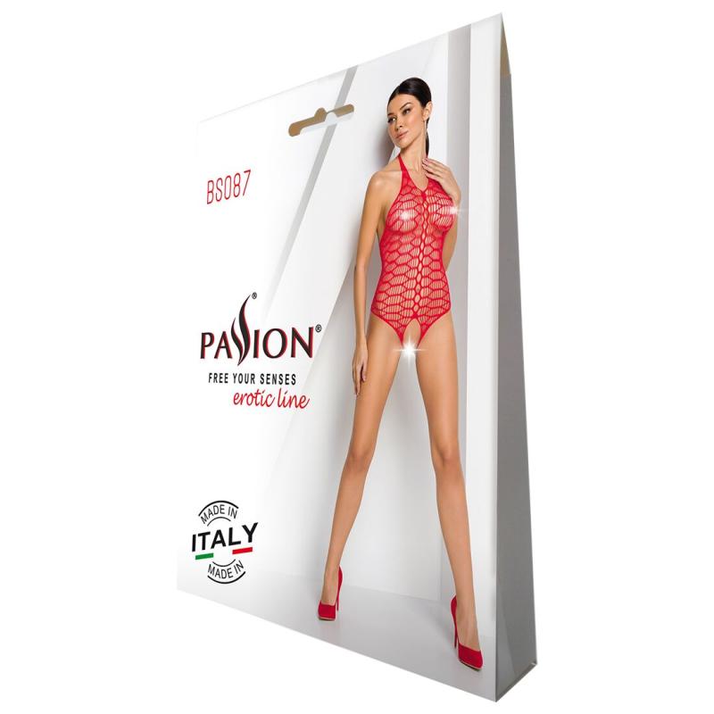 SO6380 Бодістокінг у велику сітку Passion BS087 red, відкрита спина, халтер, з доступом