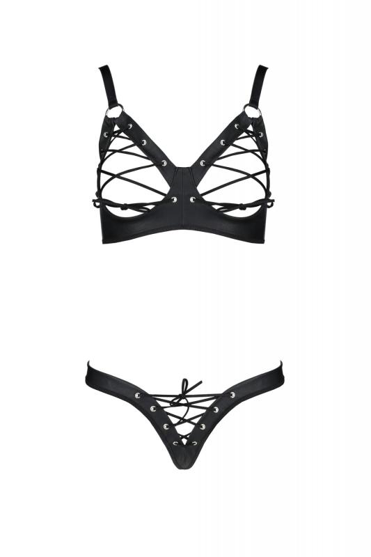 SO7057 Комплект з екошкіри Passion Celine Bikini 4XL/5XL black, відкритий бра, стрінги зі шнурівкою