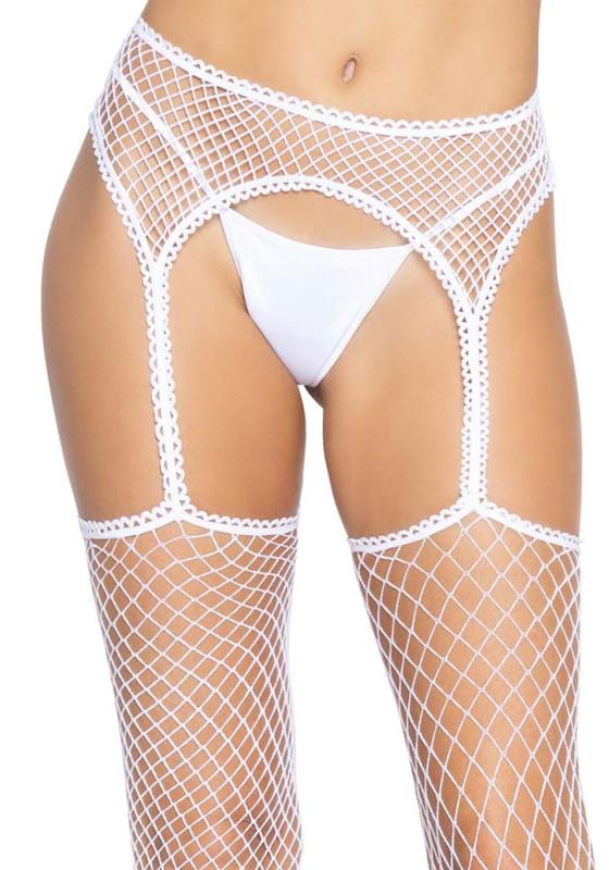 SO8578 Панчохи-сітка Leg Avenue Net stockings with garter belt One size White, пояс, підв’язки