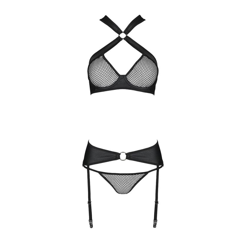 SO5322 Сетчатый набор: бюстгальтер с халтером, трусики и пояс для чулок Amanda Set black S/M - Passion