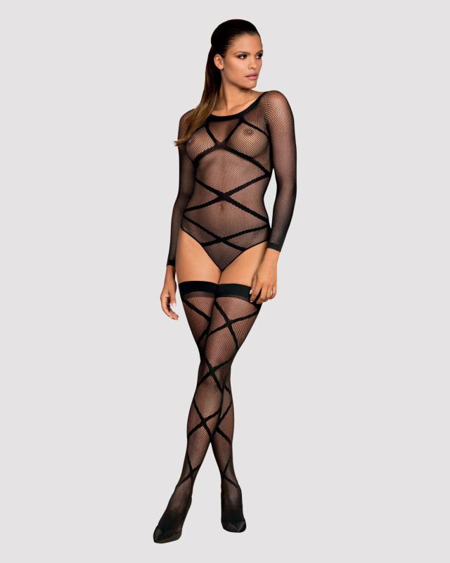 SO7241 Бодістокінг Obsessive Bodystocking G320 S/M/L, панчохи, боді, декор у вигляді ліній