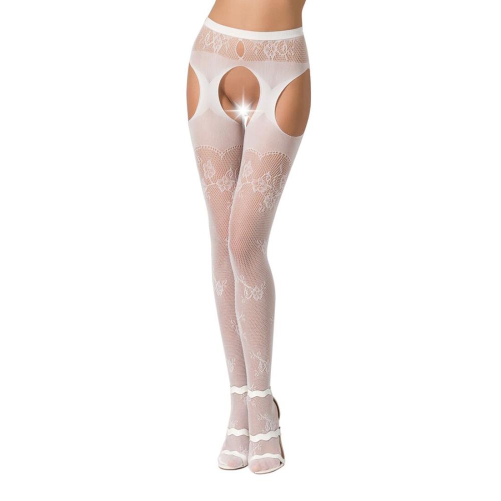 PSS022W Эротические колготки-бодистокинг Passion S022 white, имитация цветочных чулочков и пояса для чулок